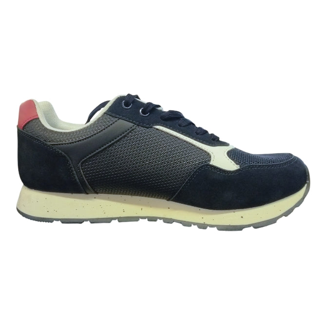 Scarpa bassa RENATO BALESTRA in pelle scamosciata e mesh blu scuro con logo monogramma "RB" bianco e un accento rosso sul tallone.