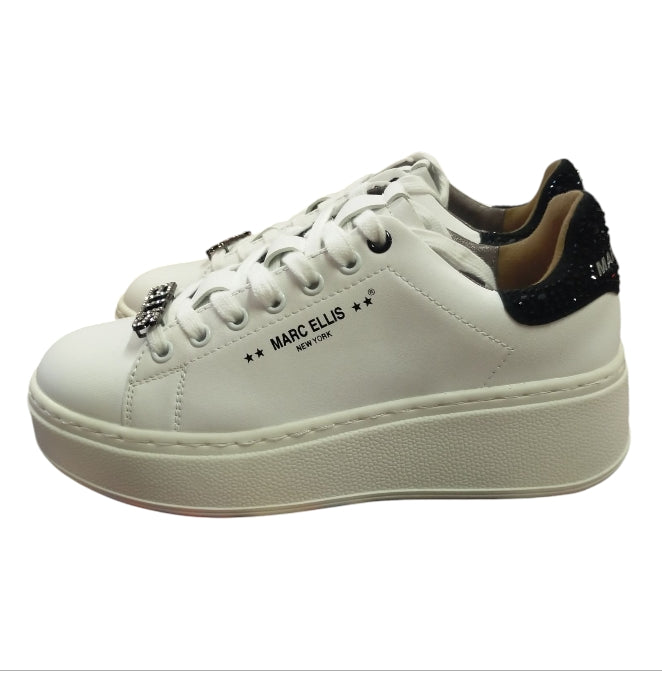 MARC ELLIS SNEAKERS DA DONNA BIANCA CON TALLONETTA IN CAMOSCIO GLITTER NERO