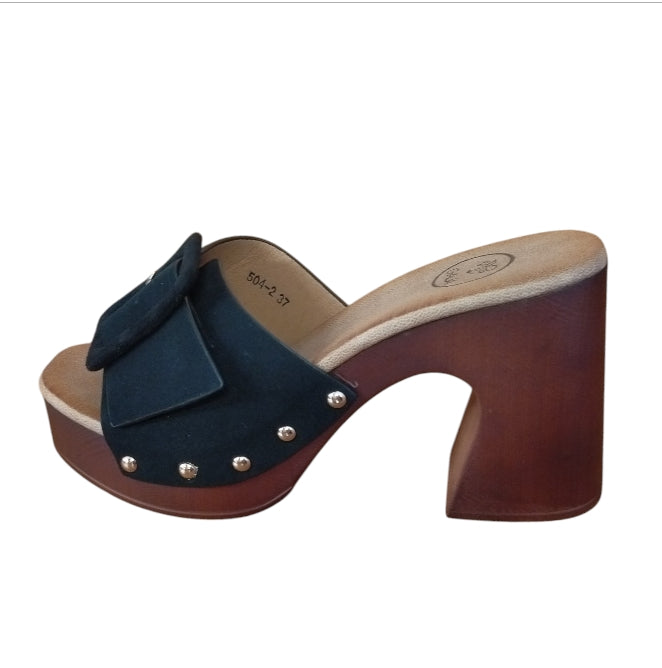 Sandalo Donna Tacco Alto Galia Nero – Ciabatta Elegante con Fibbia e Tacco Effetto Legno
