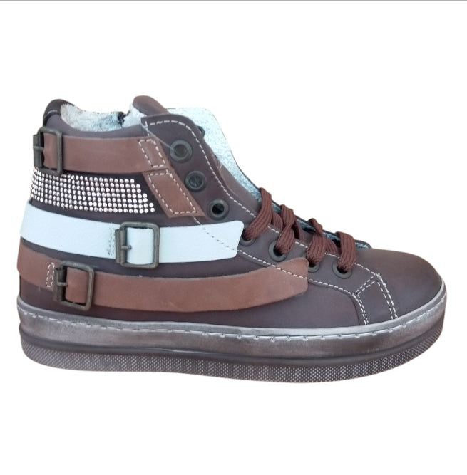Melania Sneakers Bambina Alte Marrone con Zip e Fibbie – Scarpe Casual Bambina