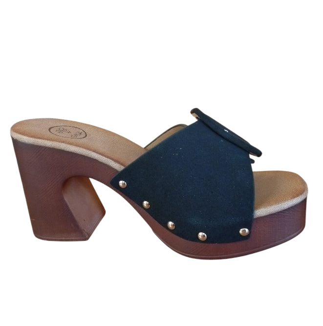Sandalo Donna Tacco Alto Galia Nero – Ciabatta Elegante con Fibbia e Tacco Effetto Legno