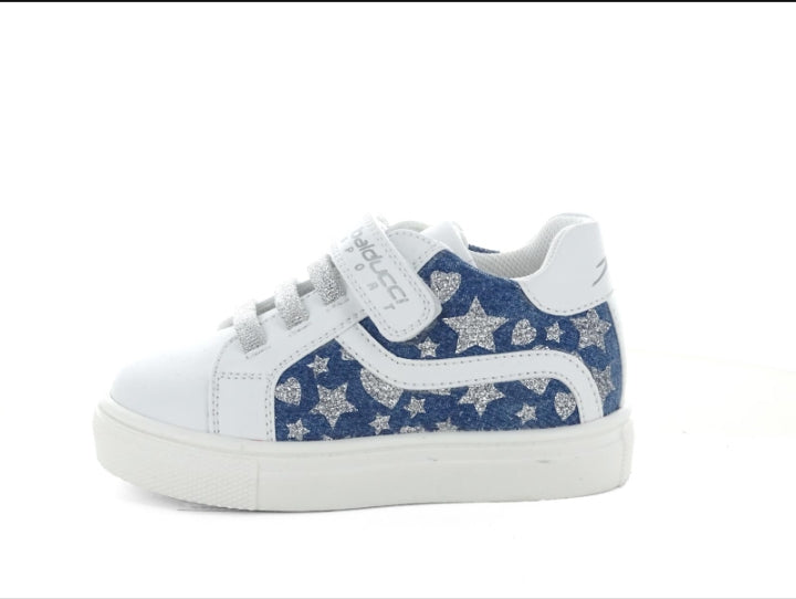 Balducci Sneakers Bambina in Pelle Bianca e Jeans con Strappo e Finto Laccio – Plantare in Pelle
