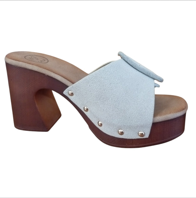 Sandalo Donna Tacco Alto Galia Beige – Ciabatta Elegante con Fibbia e Tacco Effetto Legno